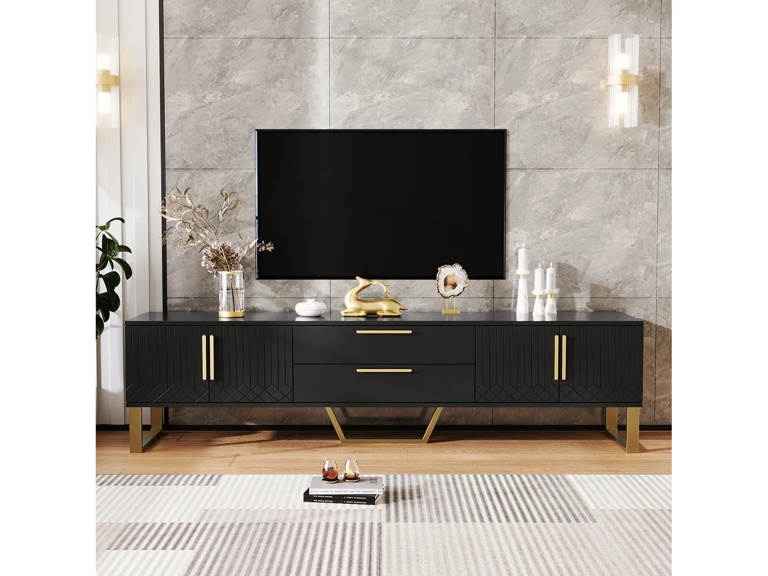 Mesa de TV com base, puxadores dourados, armário baixo para sala de estar com portas estruturadas esculpidas, preto