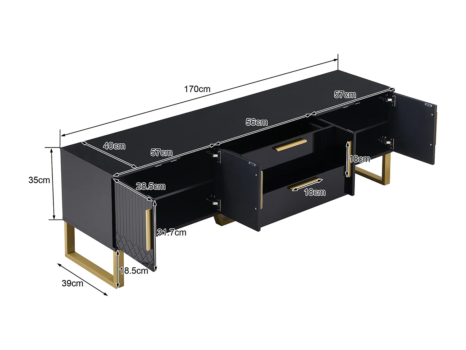 Mesa de TV com base, puxadores dourados, armário baixo para sala de estar com portas estruturadas esculpidas, preto