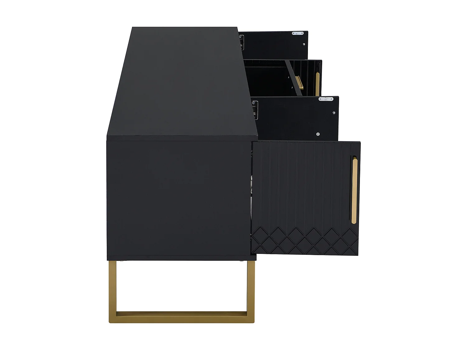 Mesa de TV com base, puxadores dourados, armário baixo para sala de estar com portas estruturadas esculpidas, preto