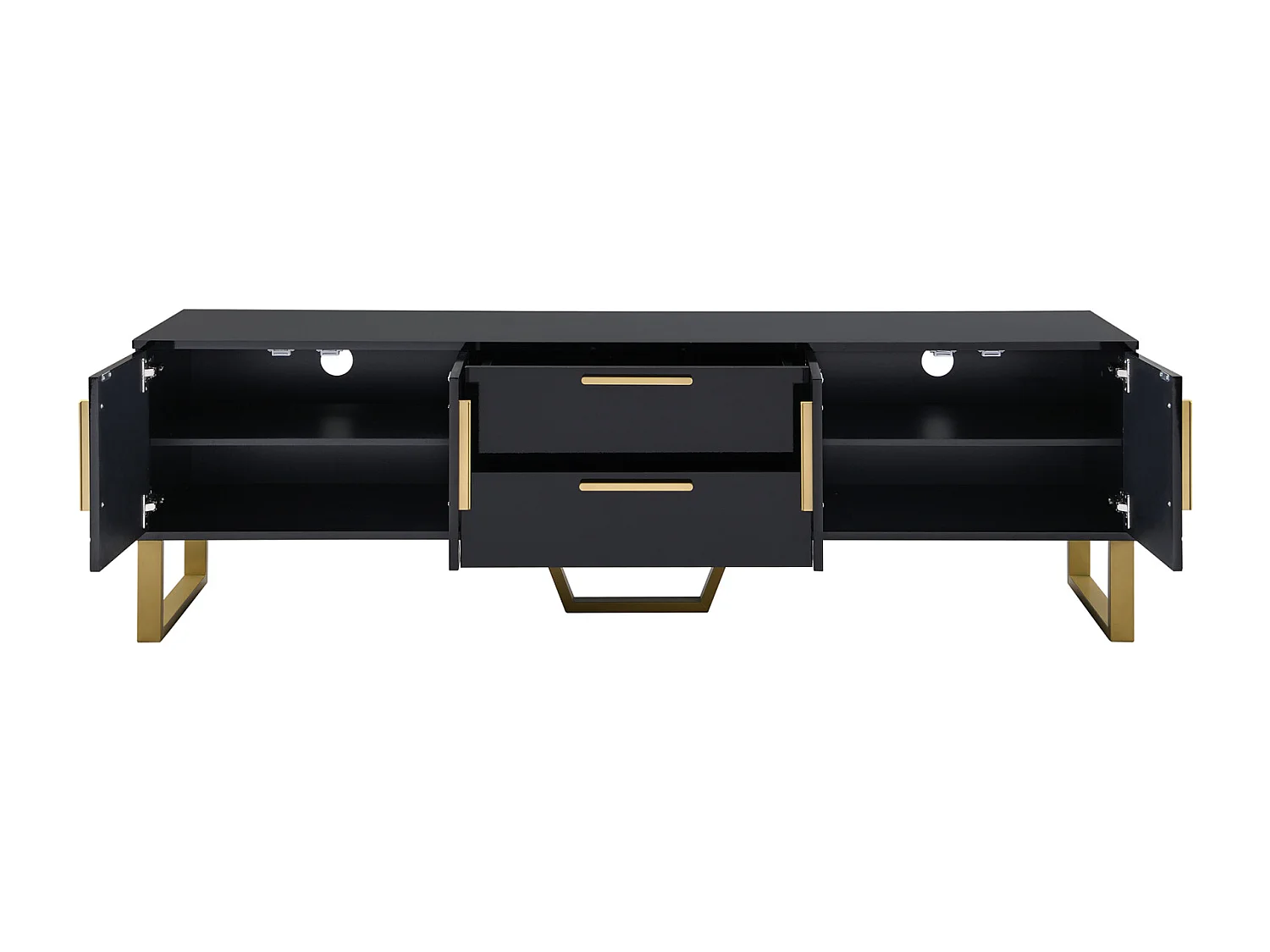 Mesa de TV com base, puxadores dourados, armário baixo para sala de estar com portas estruturadas esculpidas, preto