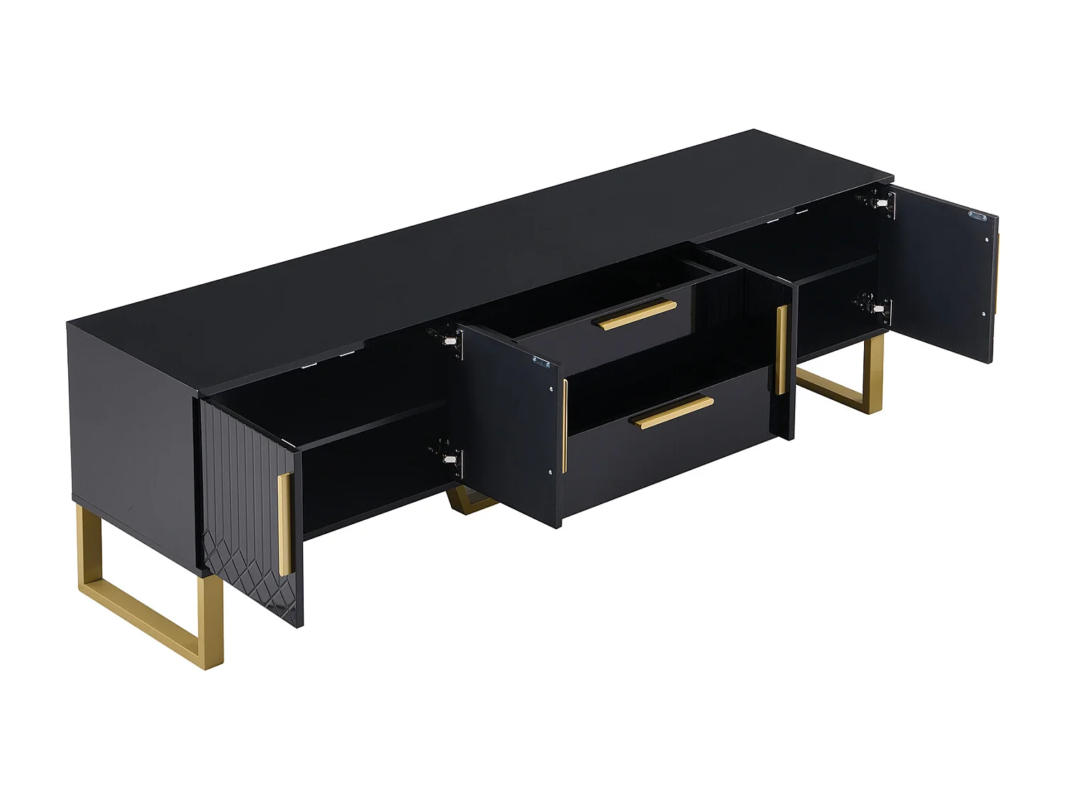 Mesa de TV com base, puxadores dourados, armário baixo para sala de estar com portas estruturadas esculpidas, preto