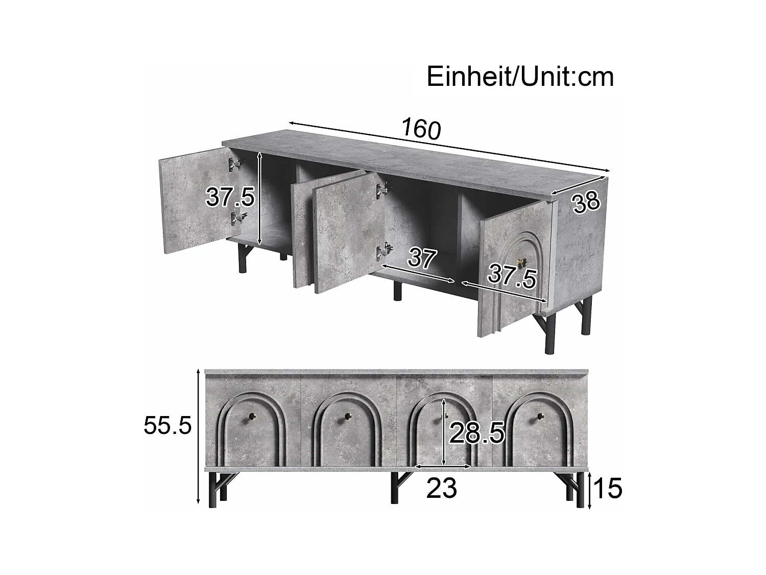 Mueble de TV moderno de 4 puertas, gris, 160 cm, diseño elegante, bisagras de cierre suave