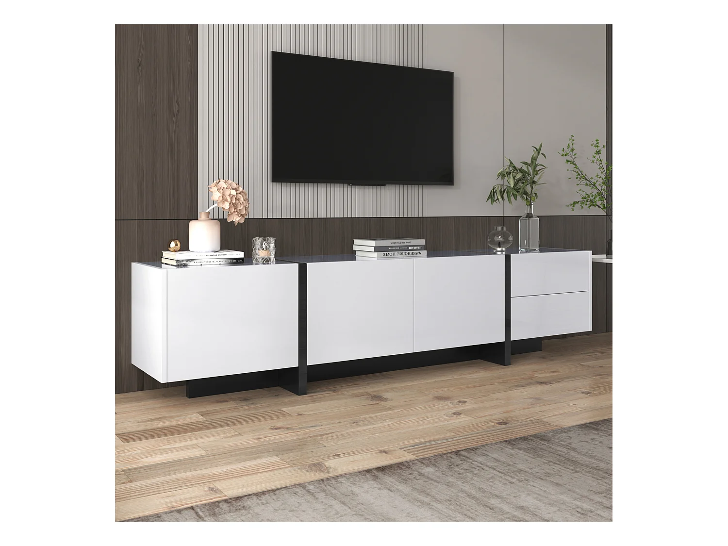 Mueble de TV moderno, mueble con 2 cajones y 3 puertas, mueble multifuncional con estantes, color blanco
