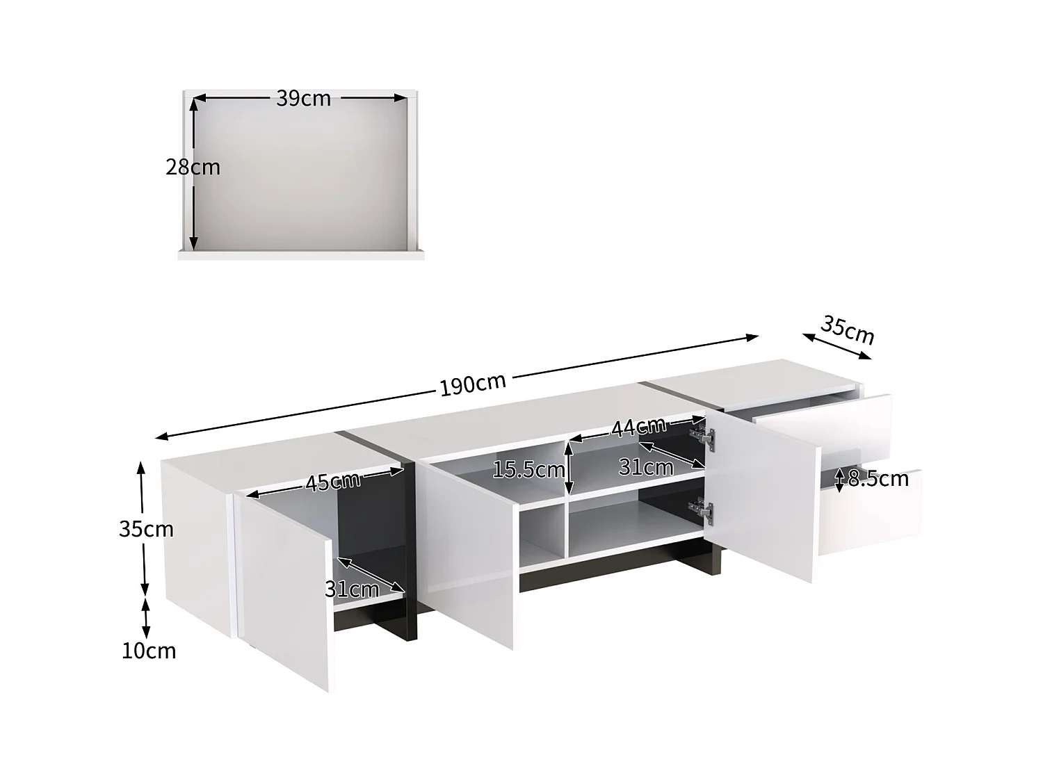 Mueble de TV moderno, mueble con 2 cajones y 3 puertas, mueble multifuncional con estantes, color blanco