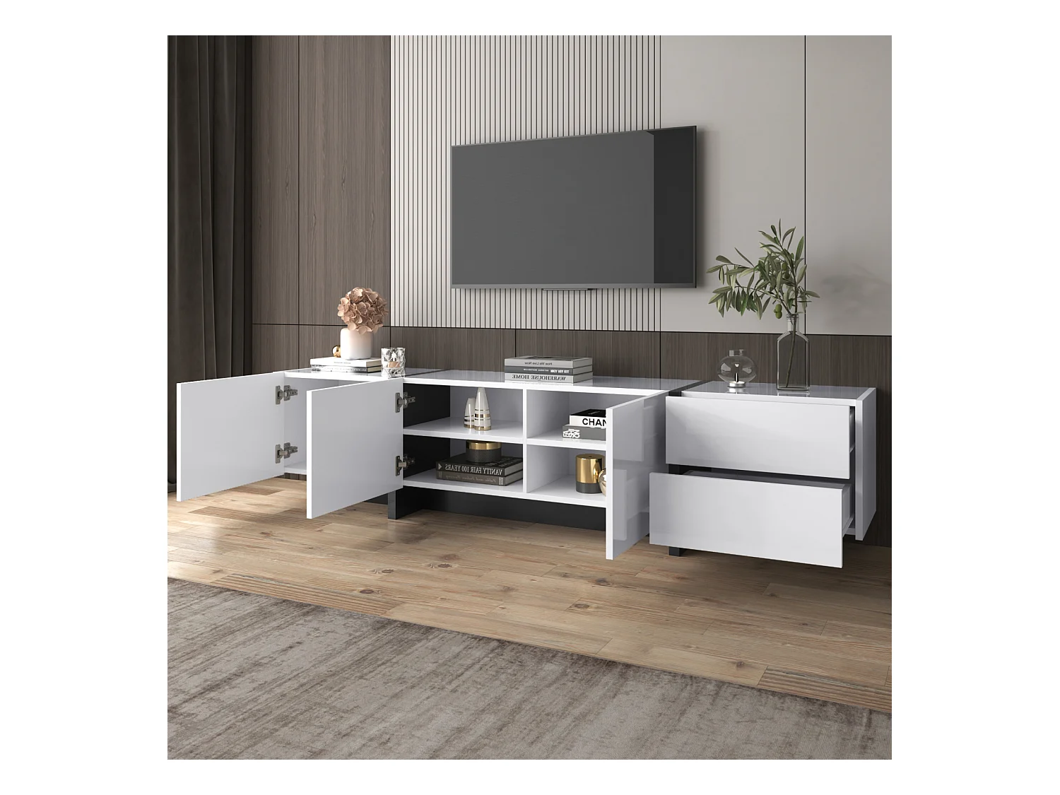 Mueble de TV moderno, mueble con 2 cajones y 3 puertas, mueble multifuncional con estantes, color blanco