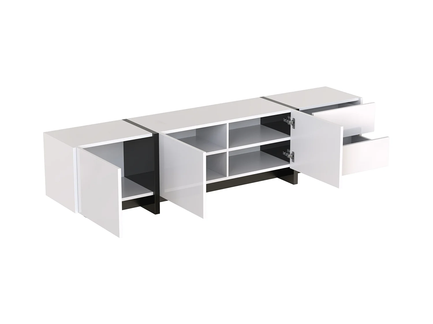 Mueble de TV moderno, mueble con 2 cajones y 3 puertas, mueble multifuncional con estantes, color blanco