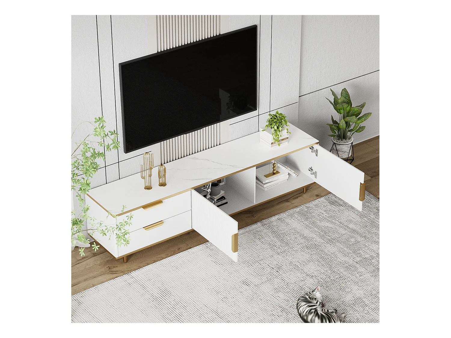 Mueble de TV con almacenaje, 2 puertas y 2 cajones, mueble de TV bajo, patas y tiradores dorados, color blanco
