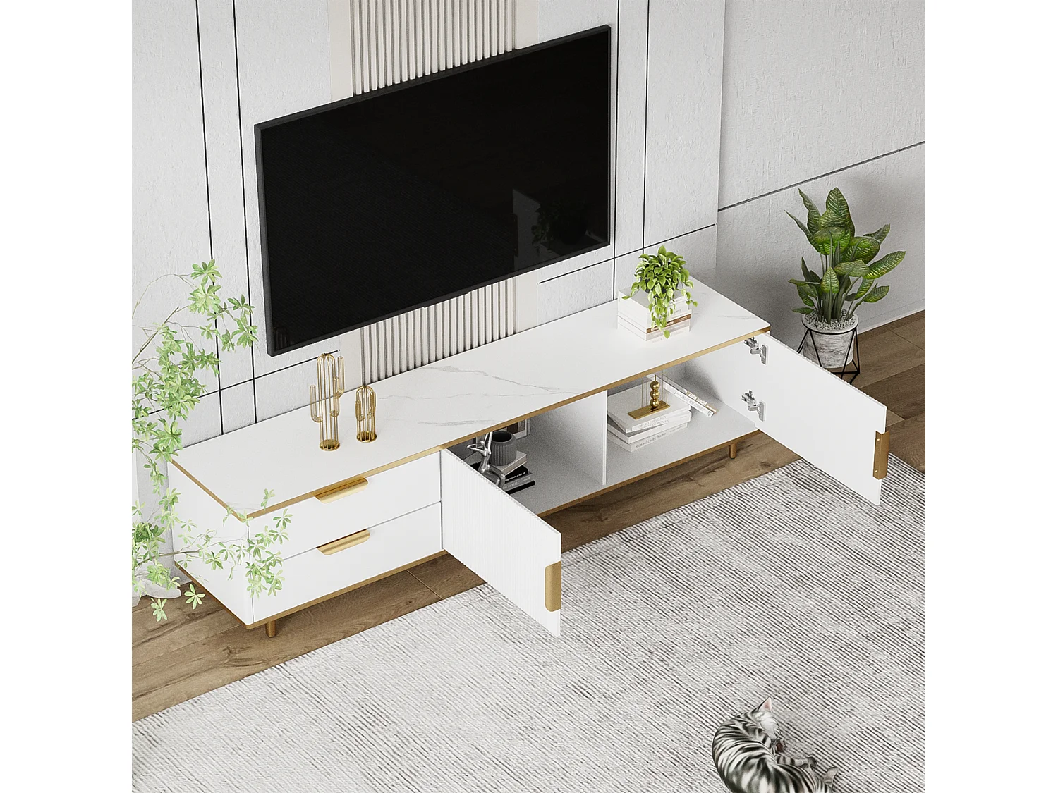 Móvel de TV com armazenamento, 2 portas e 2 gavetas, Móvel de TV baixo, Pés e puxadores dourados, Branco