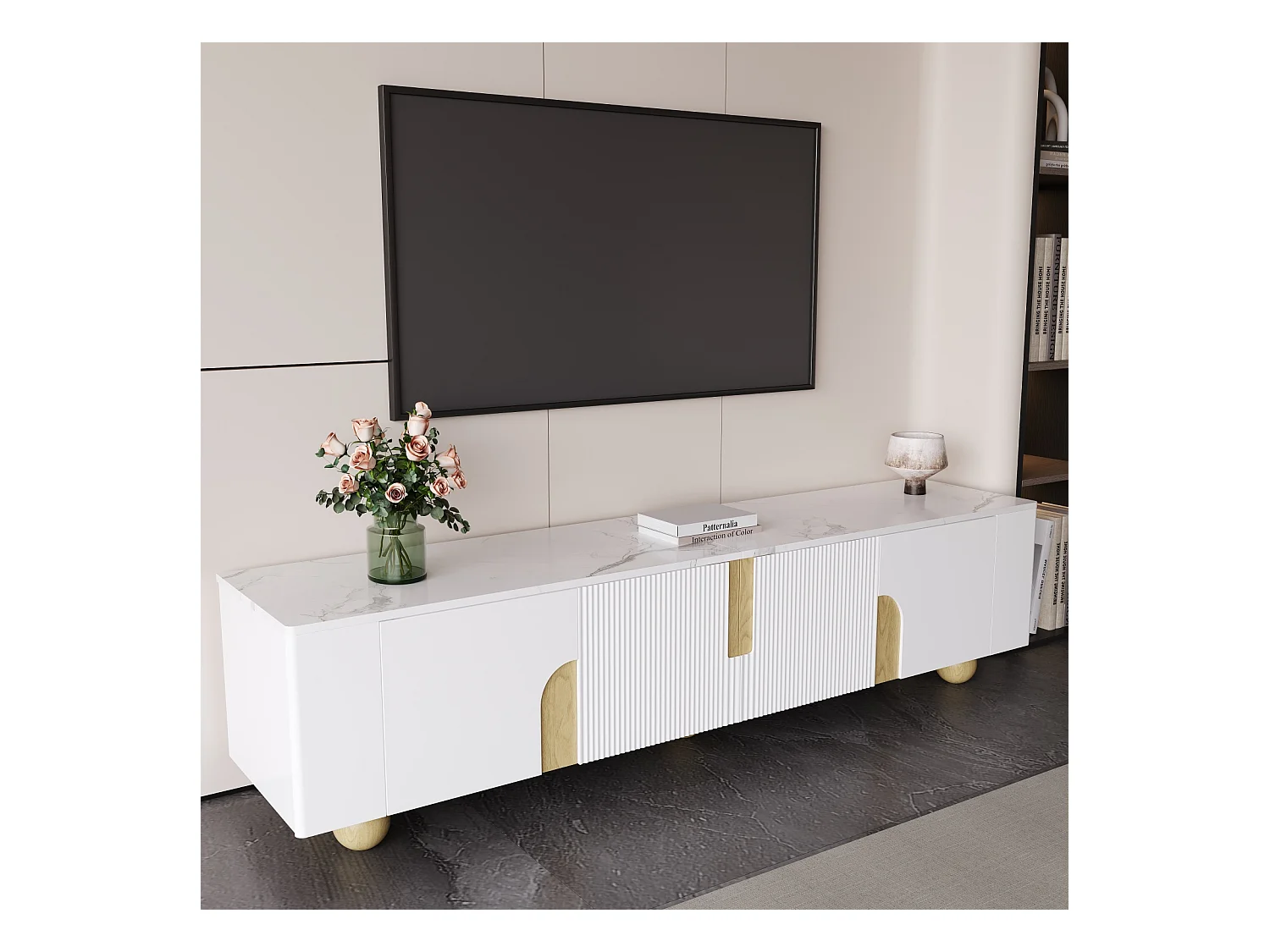 Meuble TV blanc 180 cm, 4 portes, design élégant, surface aspect marbre, pieds en bois sphériques