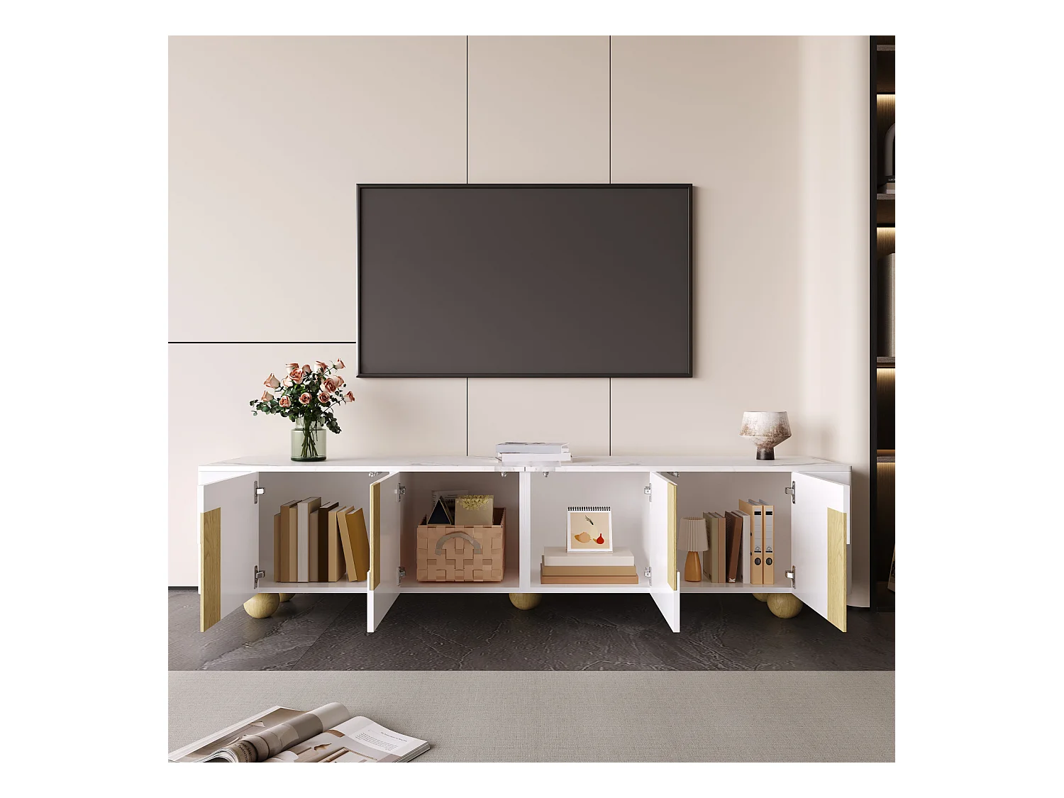 Meuble TV blanc 180 cm, 4 portes, design élégant, surface aspect marbre, pieds en bois sphériques
