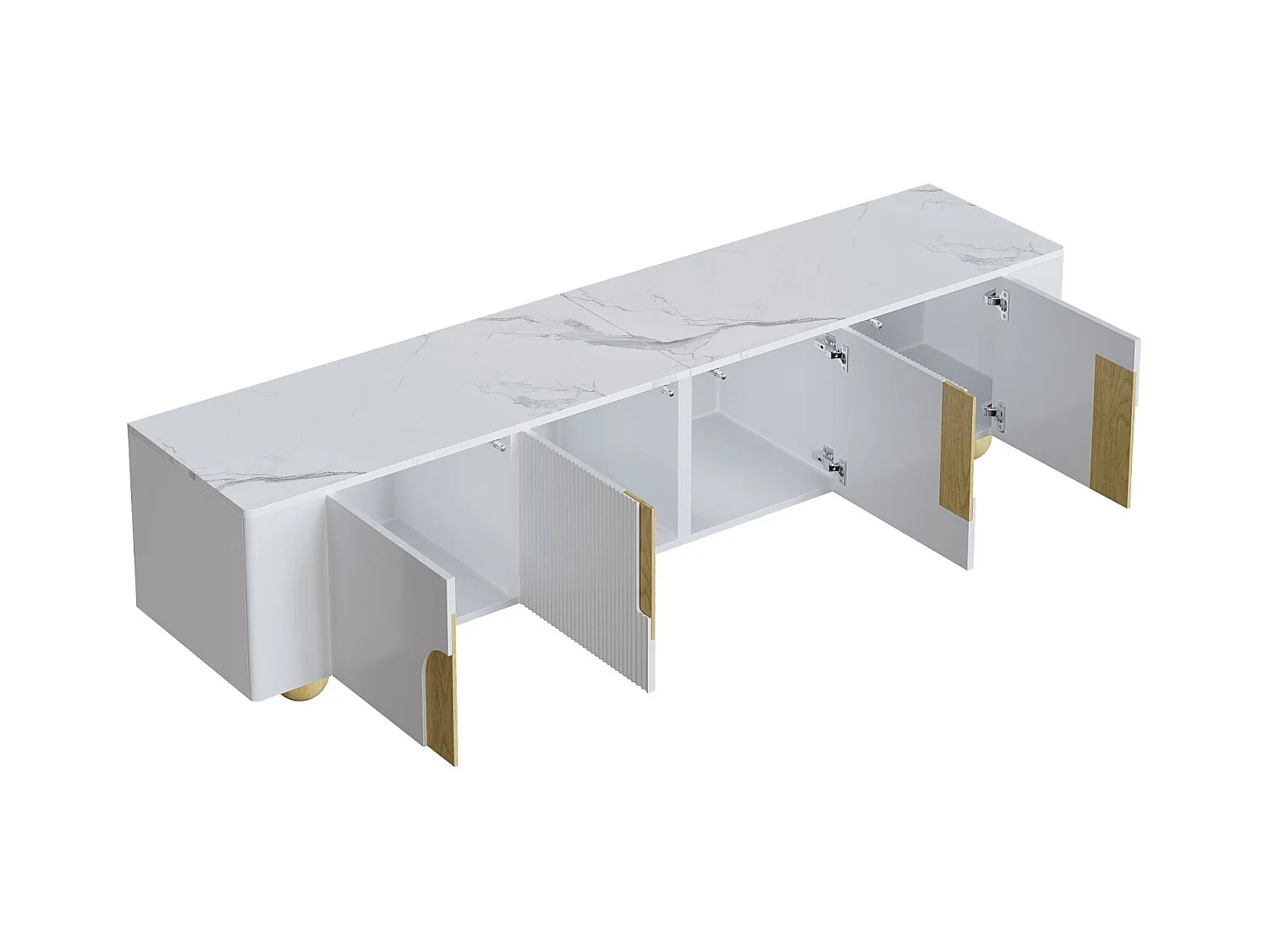 Meuble TV blanc 180 cm, 4 portes, design élégant, surface aspect marbre, pieds en bois sphériques