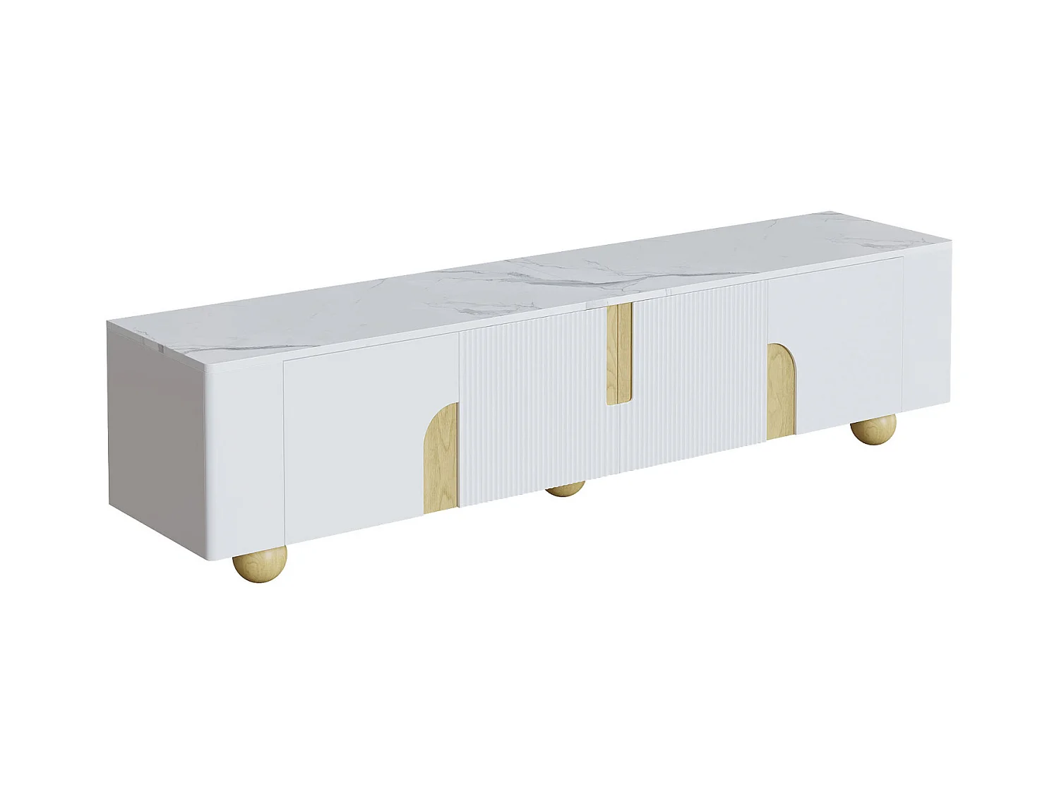 Mueble de TV blanco de 180 cm, 4 puertas, diseño elegante, superficie efecto mármol, patas esféricas de madera