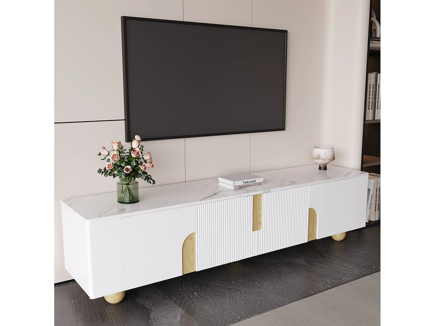 Mueble de TV blanco de 180 cm, 4 puertas, diseño elegante, superficie efecto mármol, patas esféricas de madera