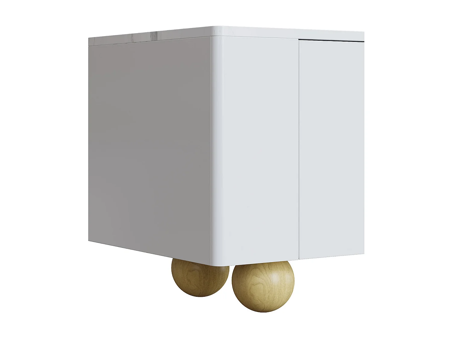 Mueble de TV blanco de 180 cm, 4 puertas, diseño elegante, superficie efecto mármol, patas esféricas de madera