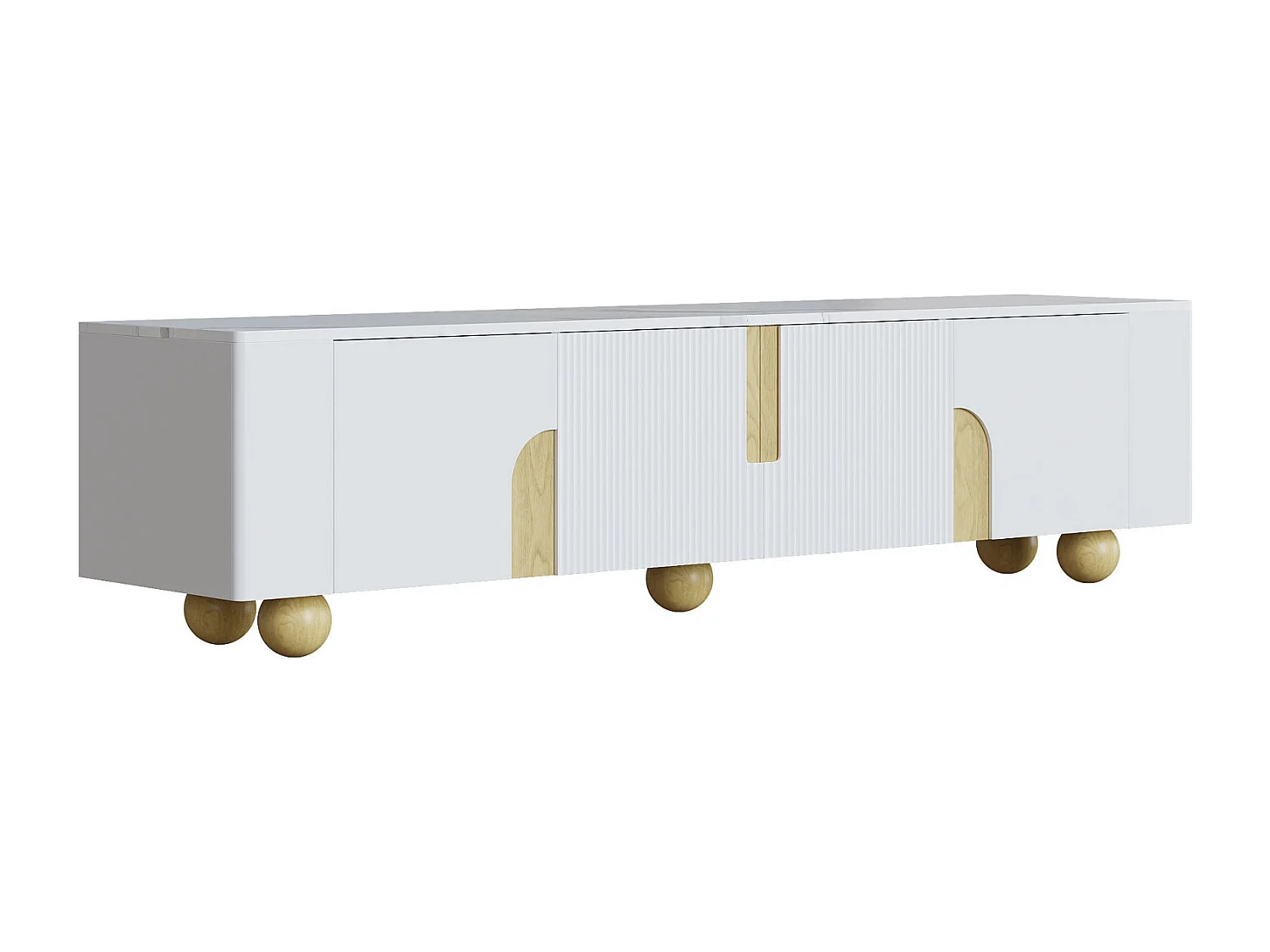 Mueble de TV blanco de 180 cm, 4 puertas, diseño elegante, superficie efecto mármol, patas esféricas de madera