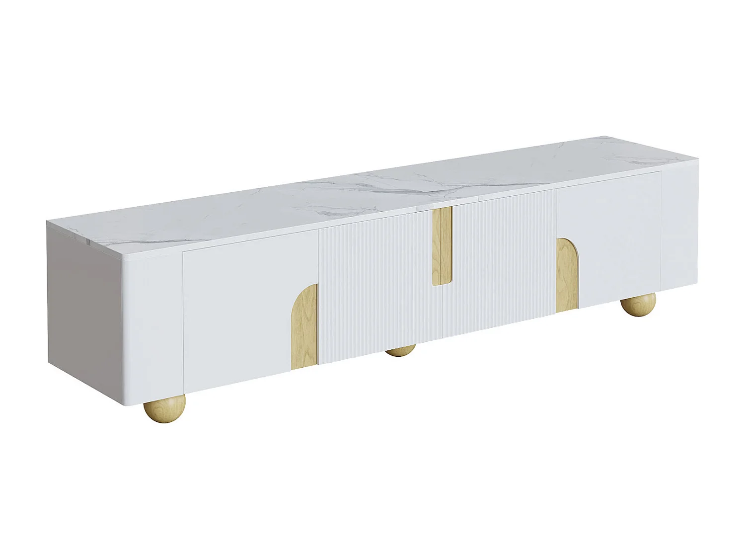 Mueble de TV blanco de 180 cm, 4 puertas, diseño elegante, superficie efecto mármol, patas esféricas de madera