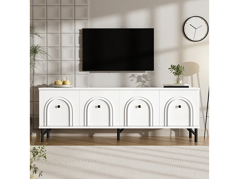 Meuble TV Moderne à 4 Portes - Blanc, 160 cm - Design élégant, charnières à Fermeture Douce