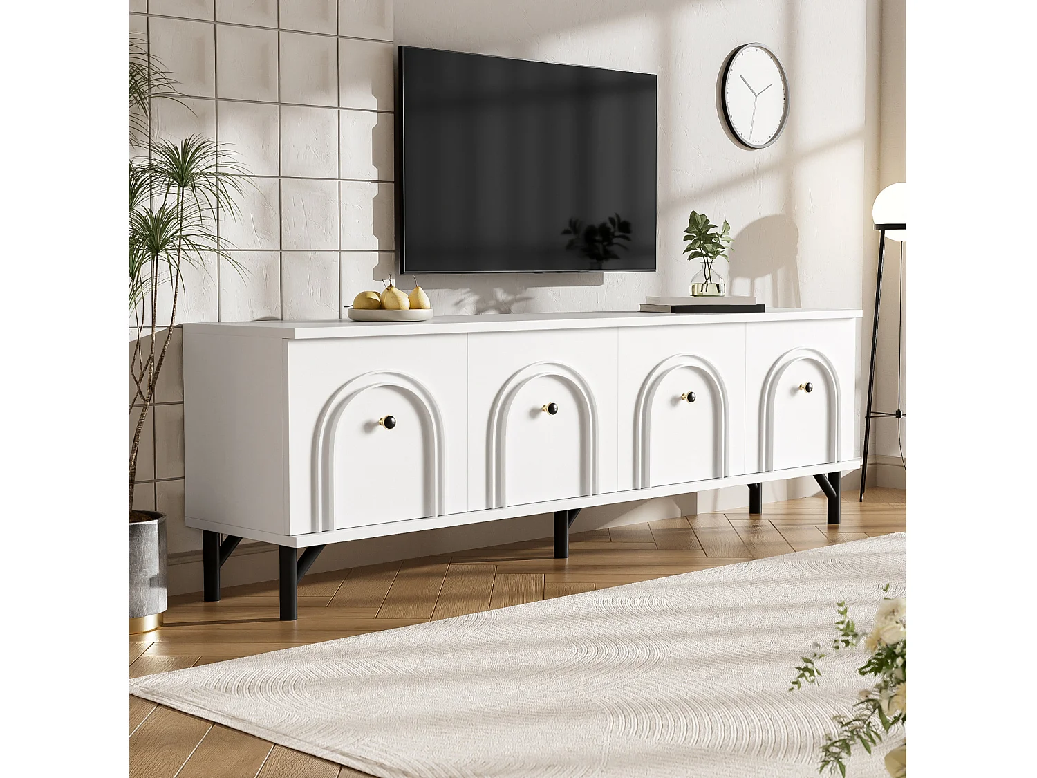 Móvel de TV moderno com 4 portas - Branco, 160 cm - Design elegante, dobradiças de fechamento suave