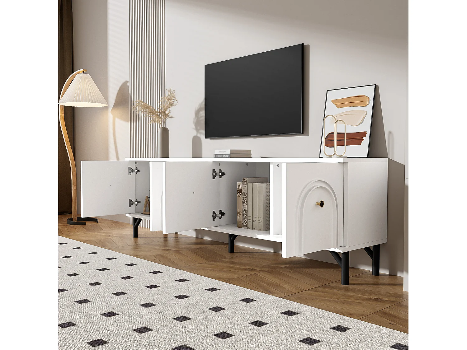 Móvel de TV moderno com 4 portas - Branco, 160 cm - Design elegante, dobradiças de fechamento suave