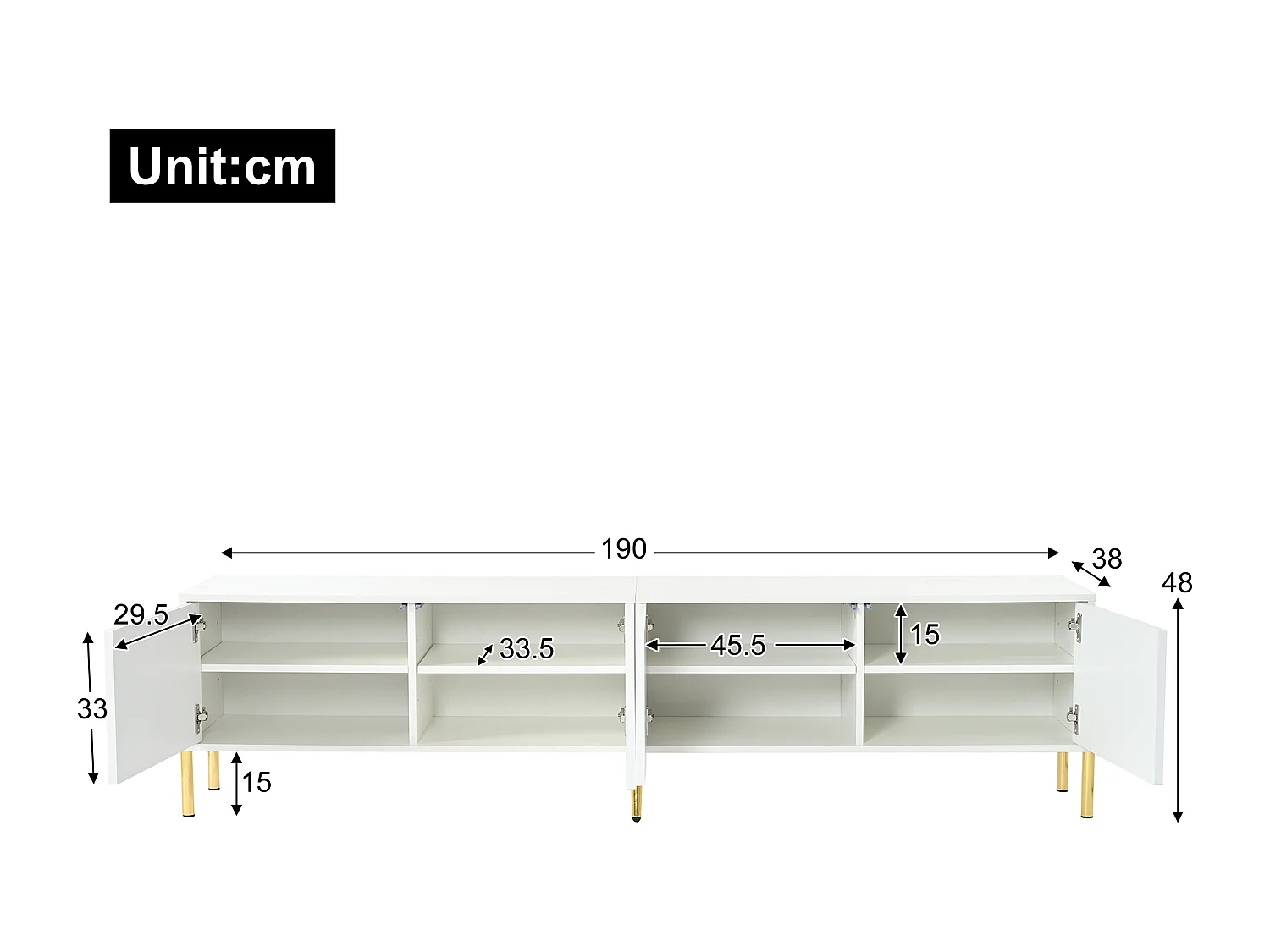 Mueble de TV 190x38x48cm - Mueble con 4 puertas, patas doradas, diseño de puerta acanalada, blanco
