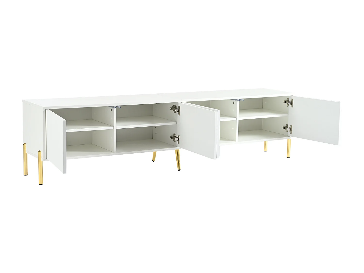 Mueble de TV 190x38x48cm - Mueble con 4 puertas, patas doradas, diseño de puerta acanalada, blanco