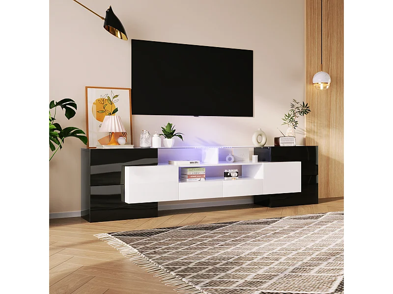Móvel de TV baixo com iluminação LED, cômoda com bastante espaço de armazenamento, preto e branco
