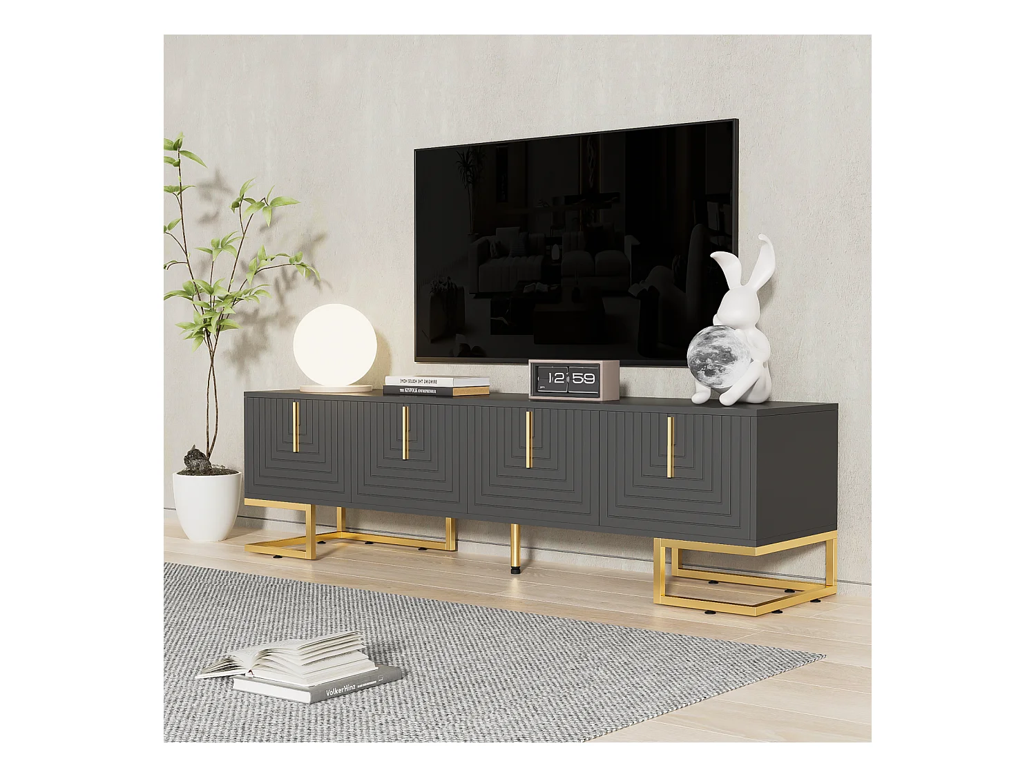 Meuble TV bas avec porte structurée, meuble TV, poignées dorées et pieds dorés, gris foncé + doré