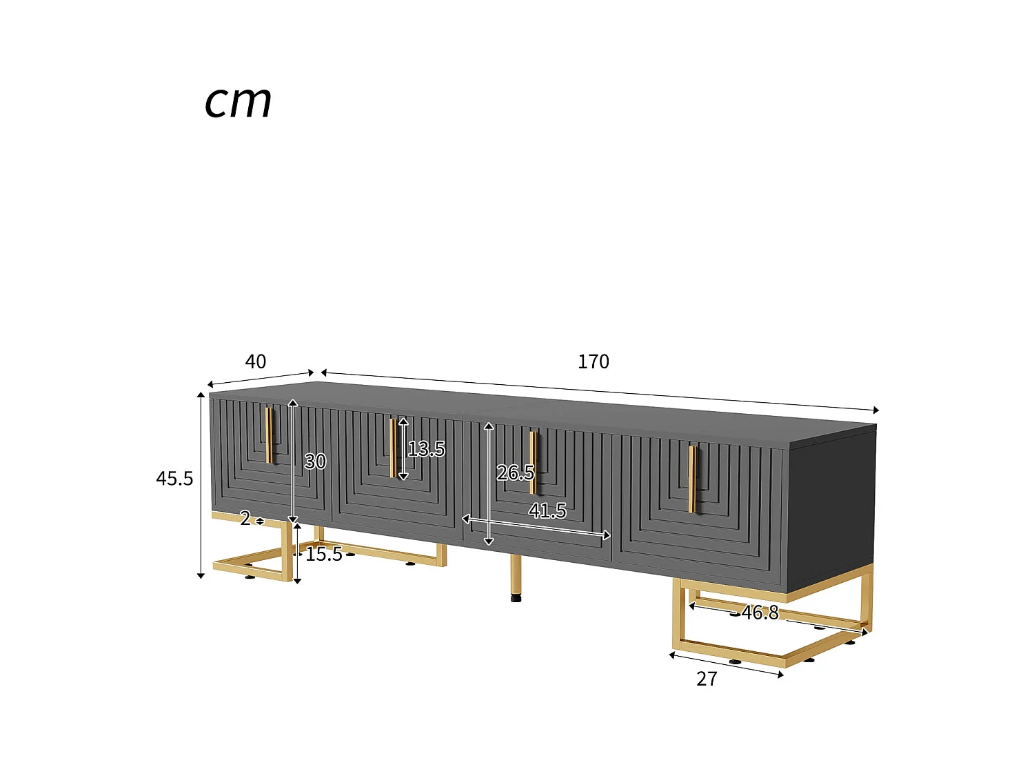 Meuble TV bas avec porte structurée, meuble TV, poignées dorées et pieds dorés, gris foncé + doré