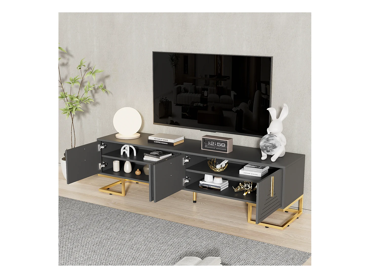 Meuble TV bas avec porte structurée, meuble TV, poignées dorées et pieds dorés, gris foncé + doré