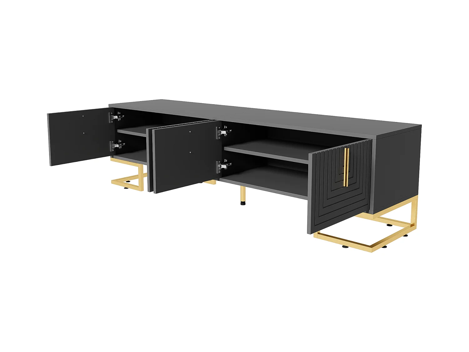 Meuble TV bas avec porte structurée, meuble TV, poignées dorées et pieds dorés, gris foncé + doré