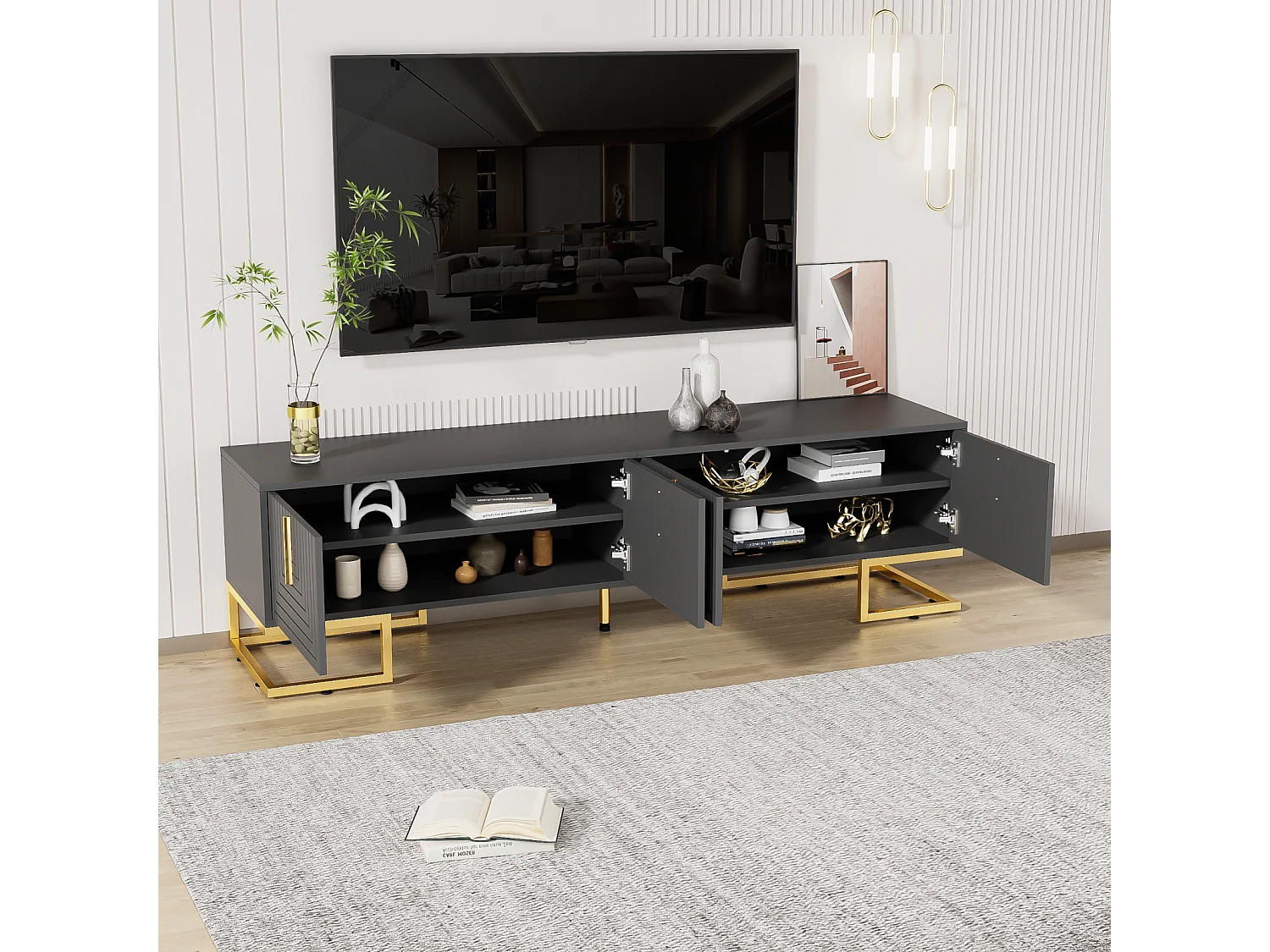 Móvel de TV baixo com porta estruturada, móvel de TV, puxadores e pés dourados, cinza escuro + dourado