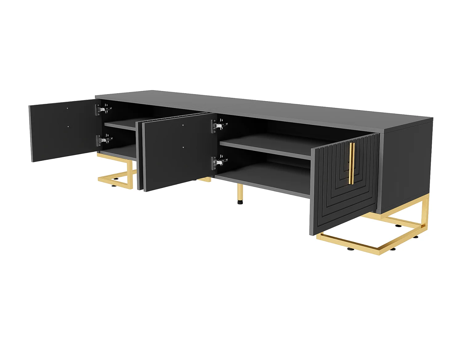 Móvel de TV baixo com porta estruturada, móvel de TV, puxadores e pés dourados, cinza escuro + dourado