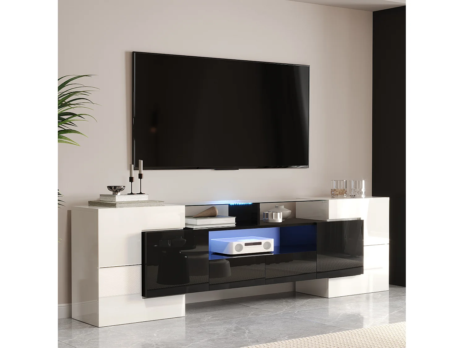 Mueble de TV con almacenaje, 6 puertas y 2 cajones, con LED, acabado brillante, negro y blanco