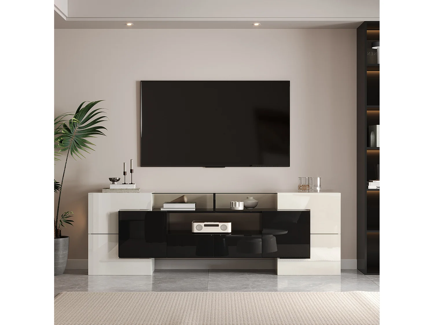 Mueble de TV con almacenaje, 6 puertas y 2 cajones, con LED, acabado brillante, negro y blanco