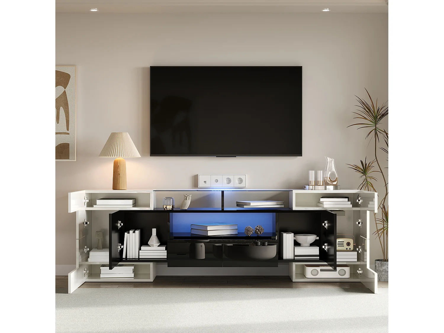 Mueble de TV con almacenaje, 6 puertas y 2 cajones, con LED, acabado brillante, negro y blanco