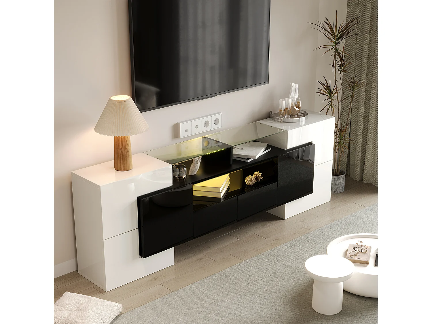 Mueble de TV con almacenaje, 6 puertas y 2 cajones, con LED, acabado brillante, negro y blanco