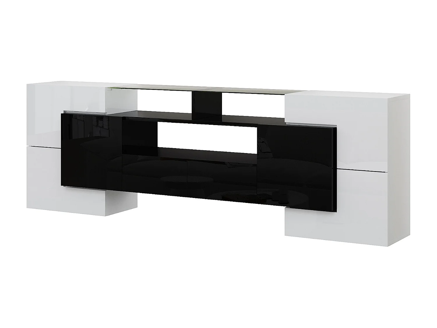 Mueble de TV con almacenaje, 6 puertas y 2 cajones, con LED, acabado brillante, negro y blanco