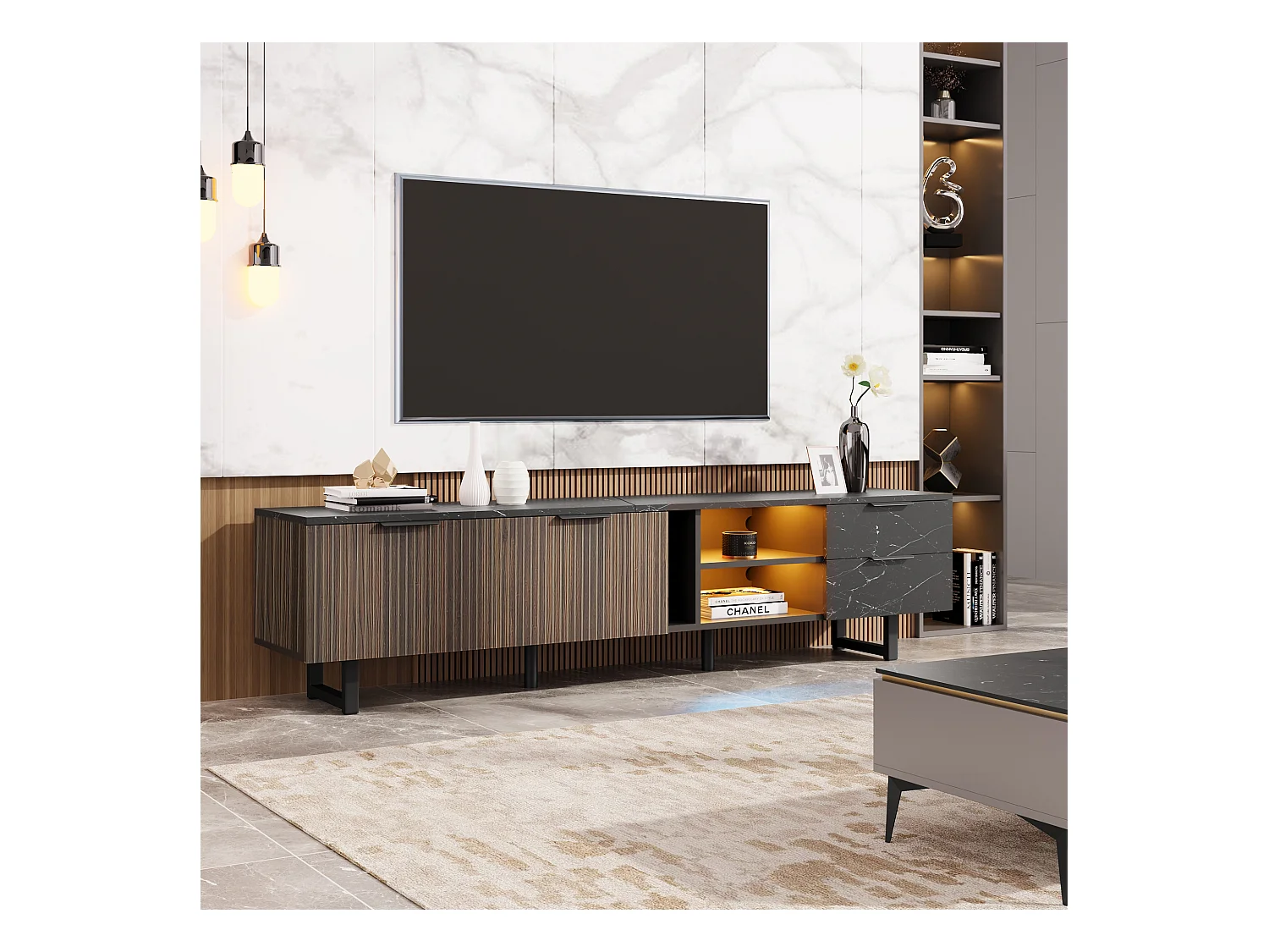 Meuble TV 200 X 38 X 50 Cm, Portes En Bois Foncé Veiné, Led Réglable, 2 Portes Et 2 Tiroirs