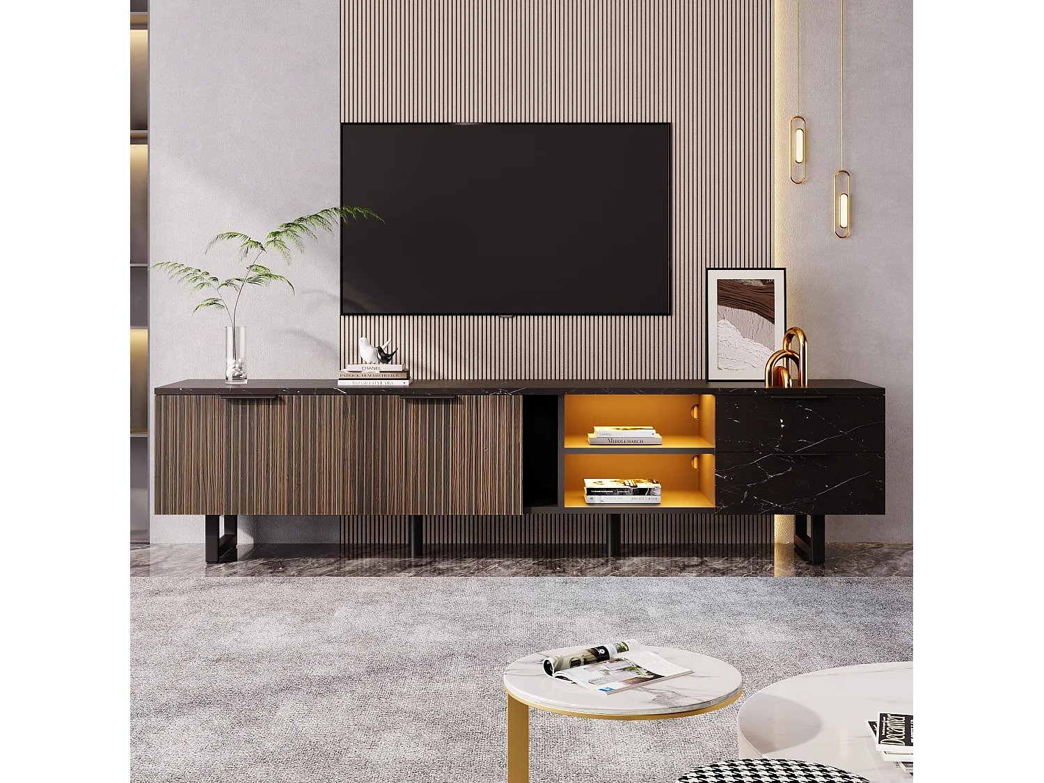 Móvel de TV 200 x 38 x 50 cm, portas em madeira escura, LED ajustável, 2 portas e 2 gavetas