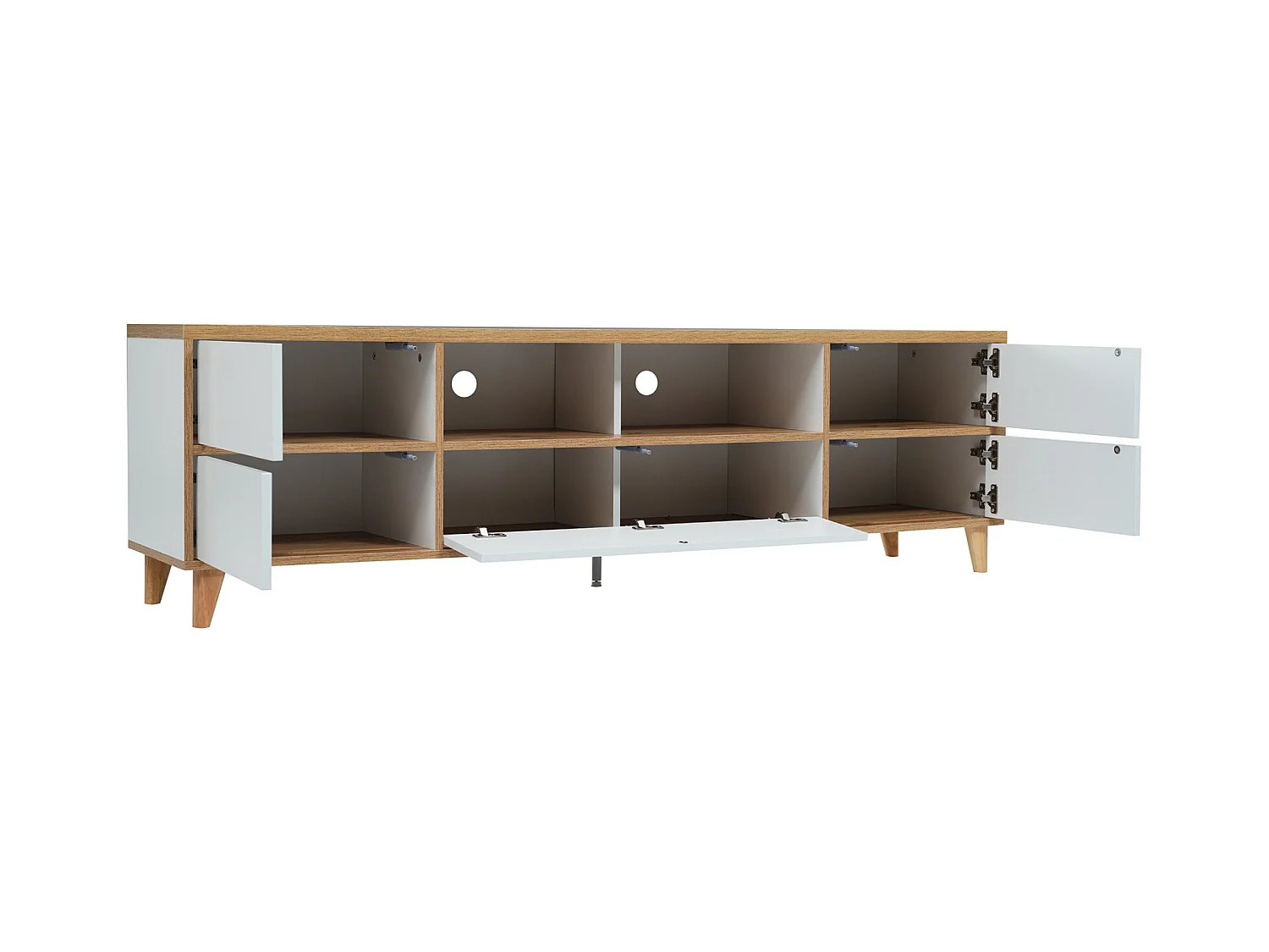 Mueble de TV, mesa de centro con 5 puertas y 2 compartimentos abiertos para tu salón, 175 x 37 x 51 cm