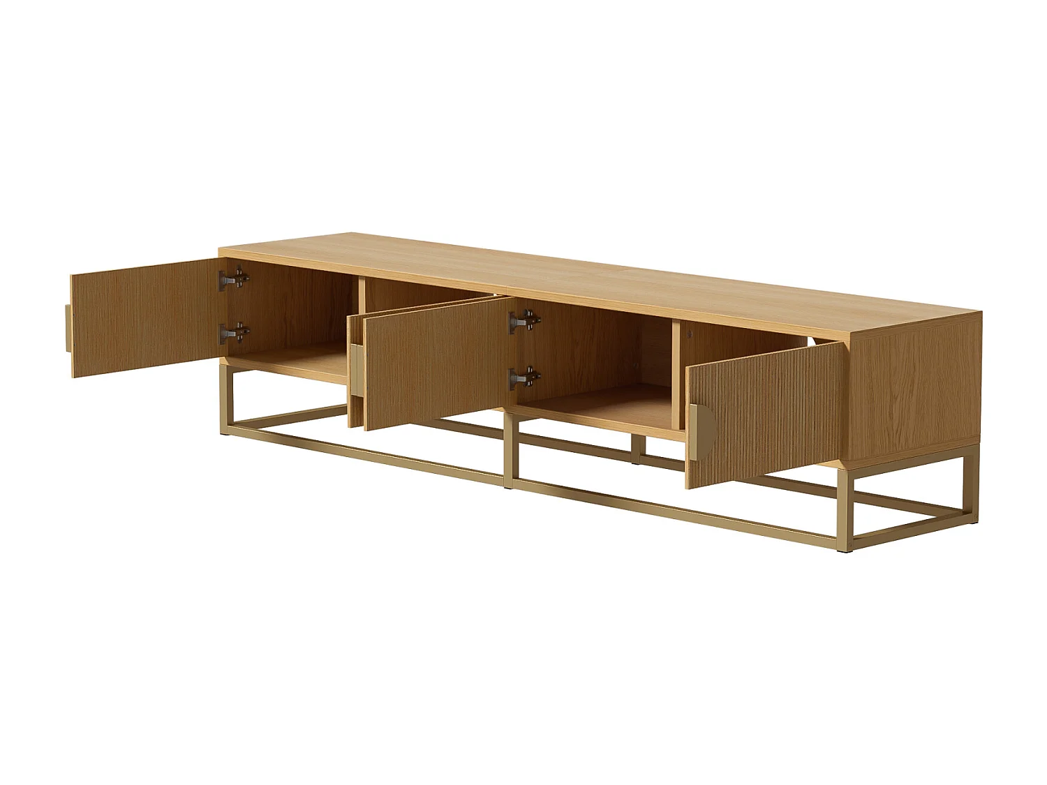 Mueble de TV de madera con 4 puertas y tiradores semicirculares, moderno mueble de almacenaje para salón.