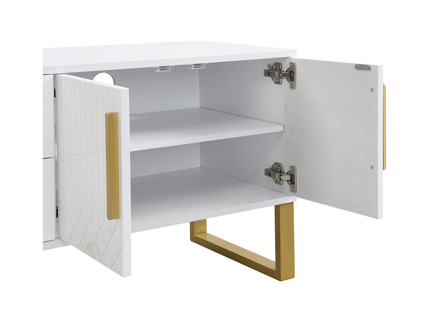 Table TV avec socle, poignées dorées, meuble bas de salon avec portes structurées sculptées, blanc