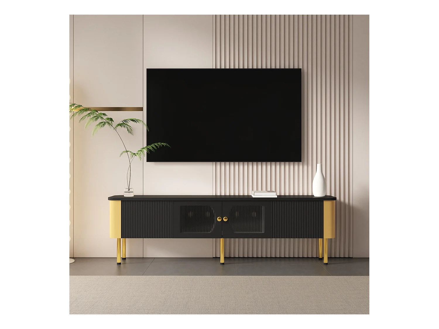 Móvel de TV moderno com 2 portas e 2 gavetas, com puxadores dourados e pés de apoio, 170 cm, preto