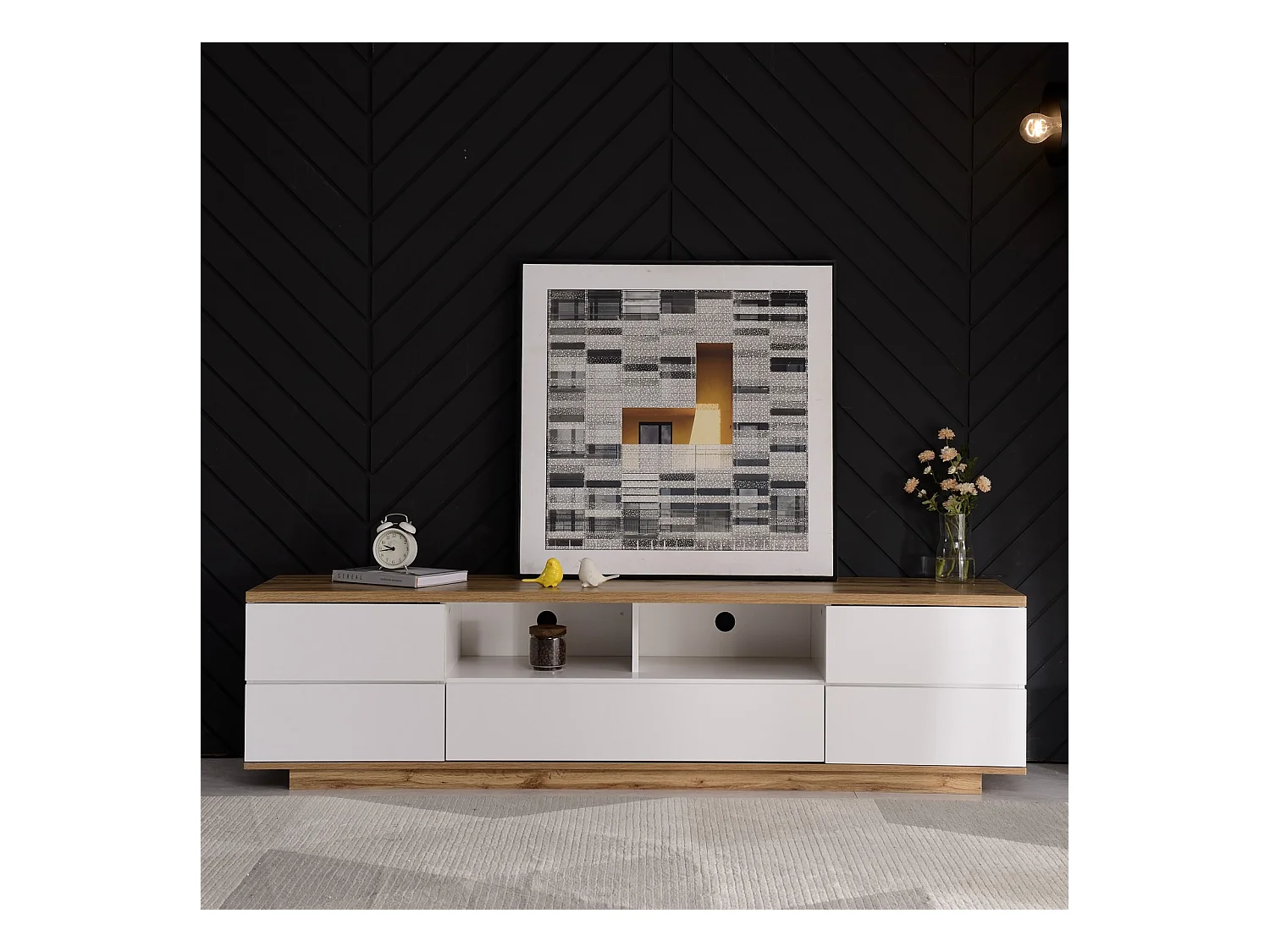 Mueble TV blanco y madera, aparador con cinco puertas y dos compartimentos abiertos