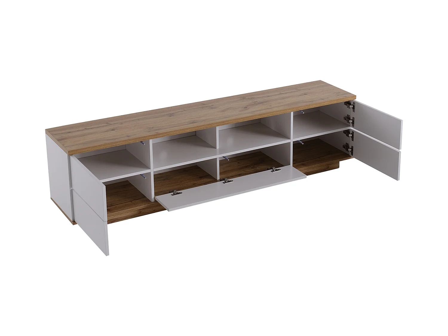 Mueble TV blanco y madera, aparador con cinco puertas y dos compartimentos abiertos