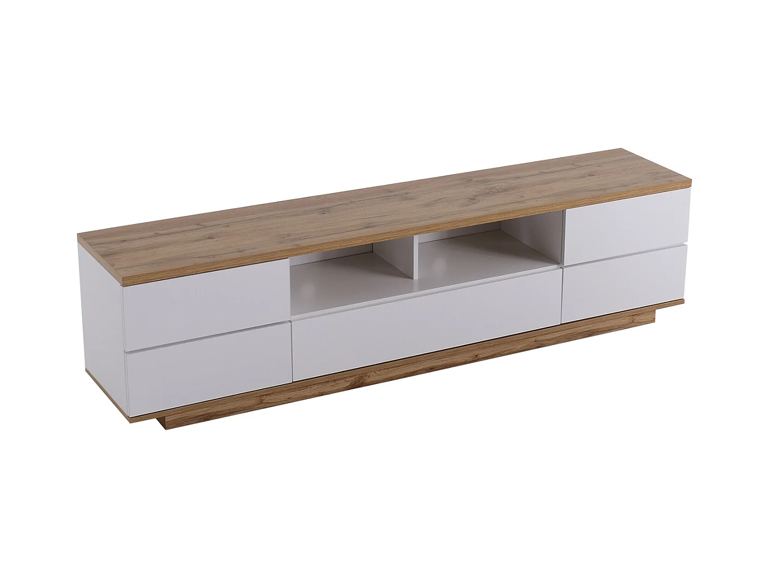 Mueble TV blanco y madera, aparador con cinco puertas y dos compartimentos abiertos