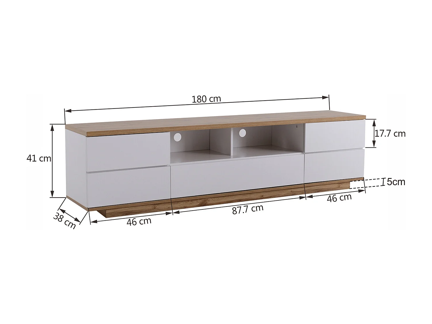 Mobile TV bianco e legno, credenza con cinque ante e due vani a giorno