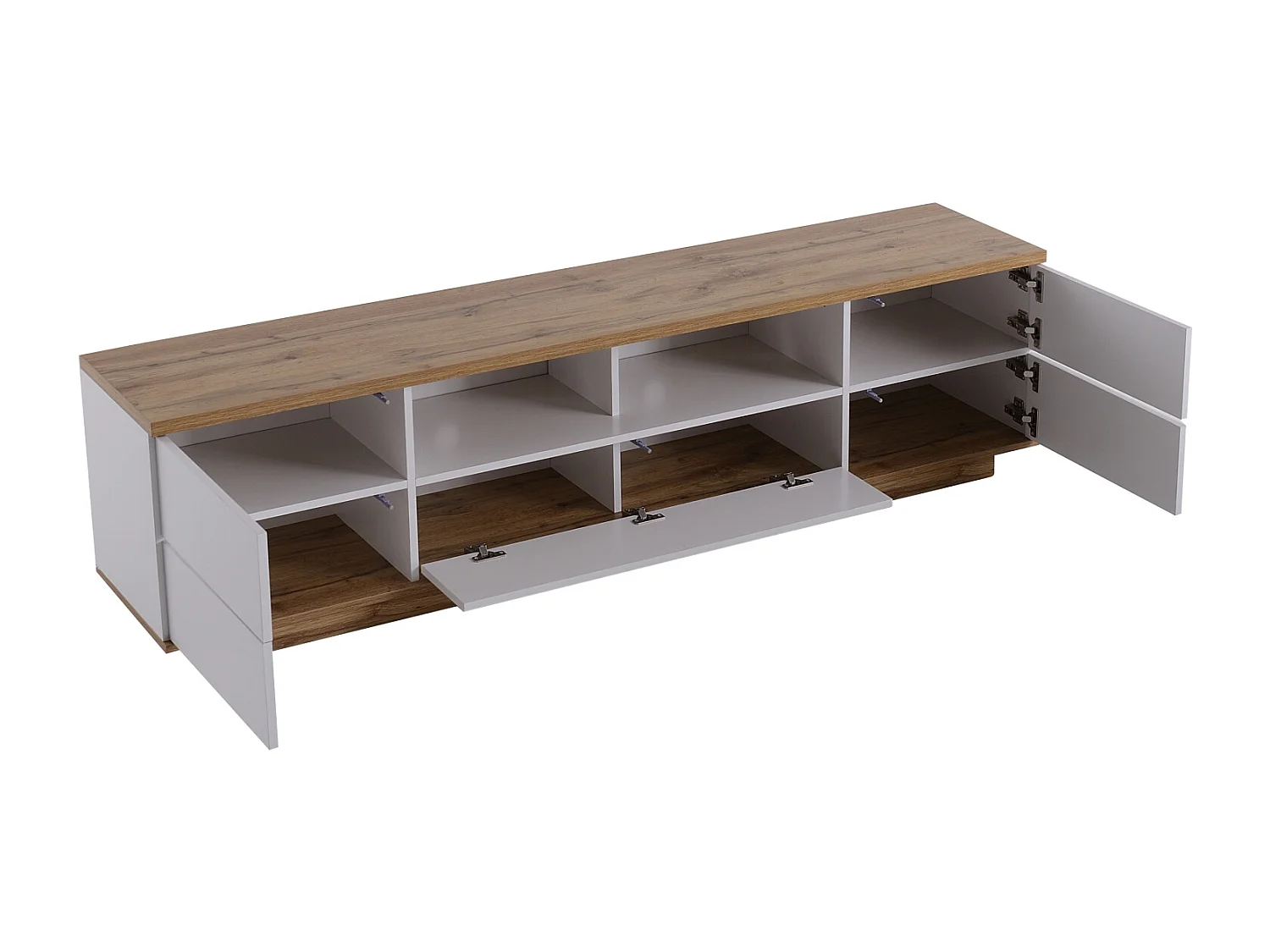 Mobile TV bianco e legno, credenza con cinque ante e due vani a giorno