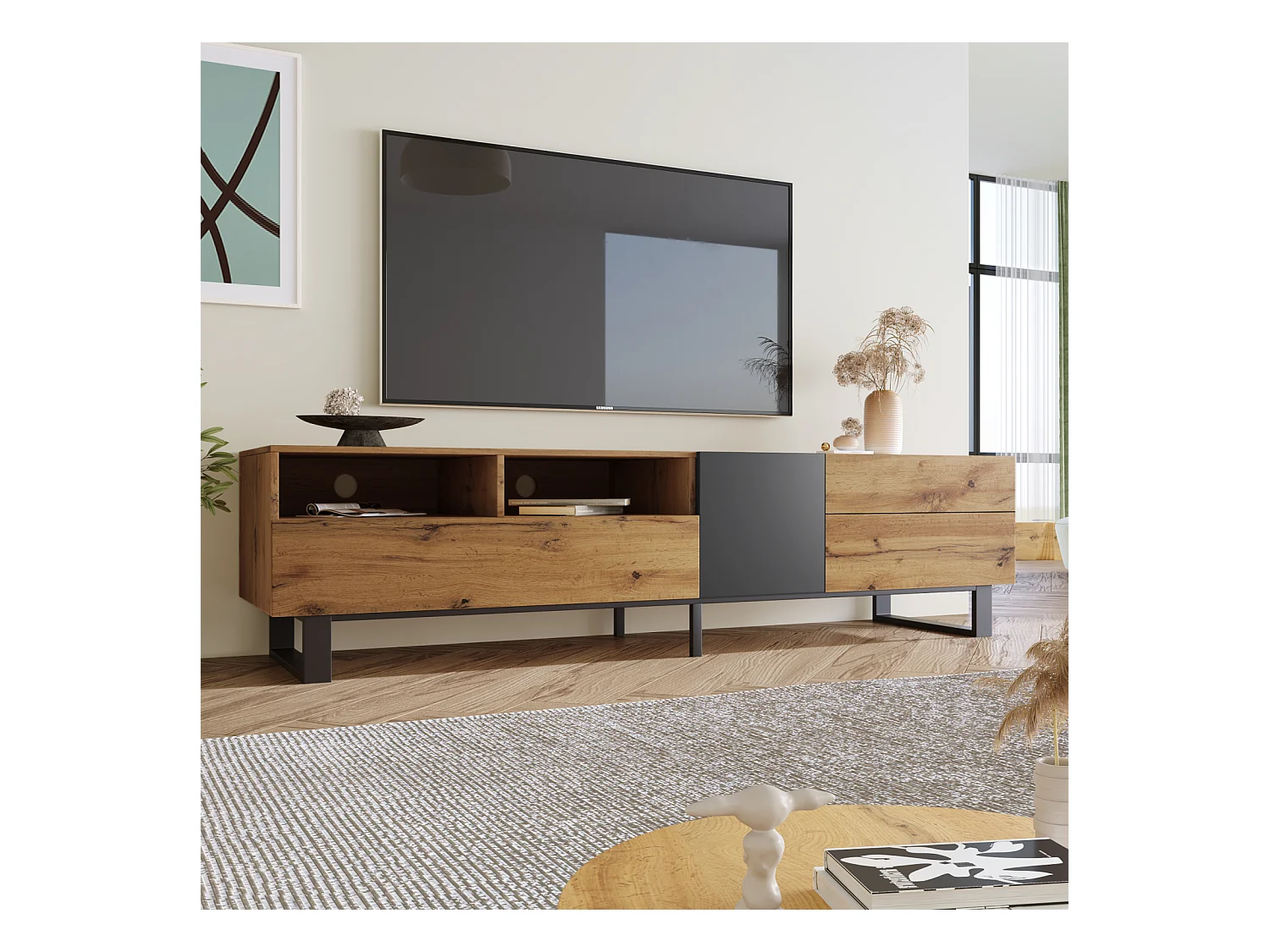 Meuble TV bas de style industriel rétro 180 cm, banc TV avec 2 portes et 2 tiroirs, noir+bois