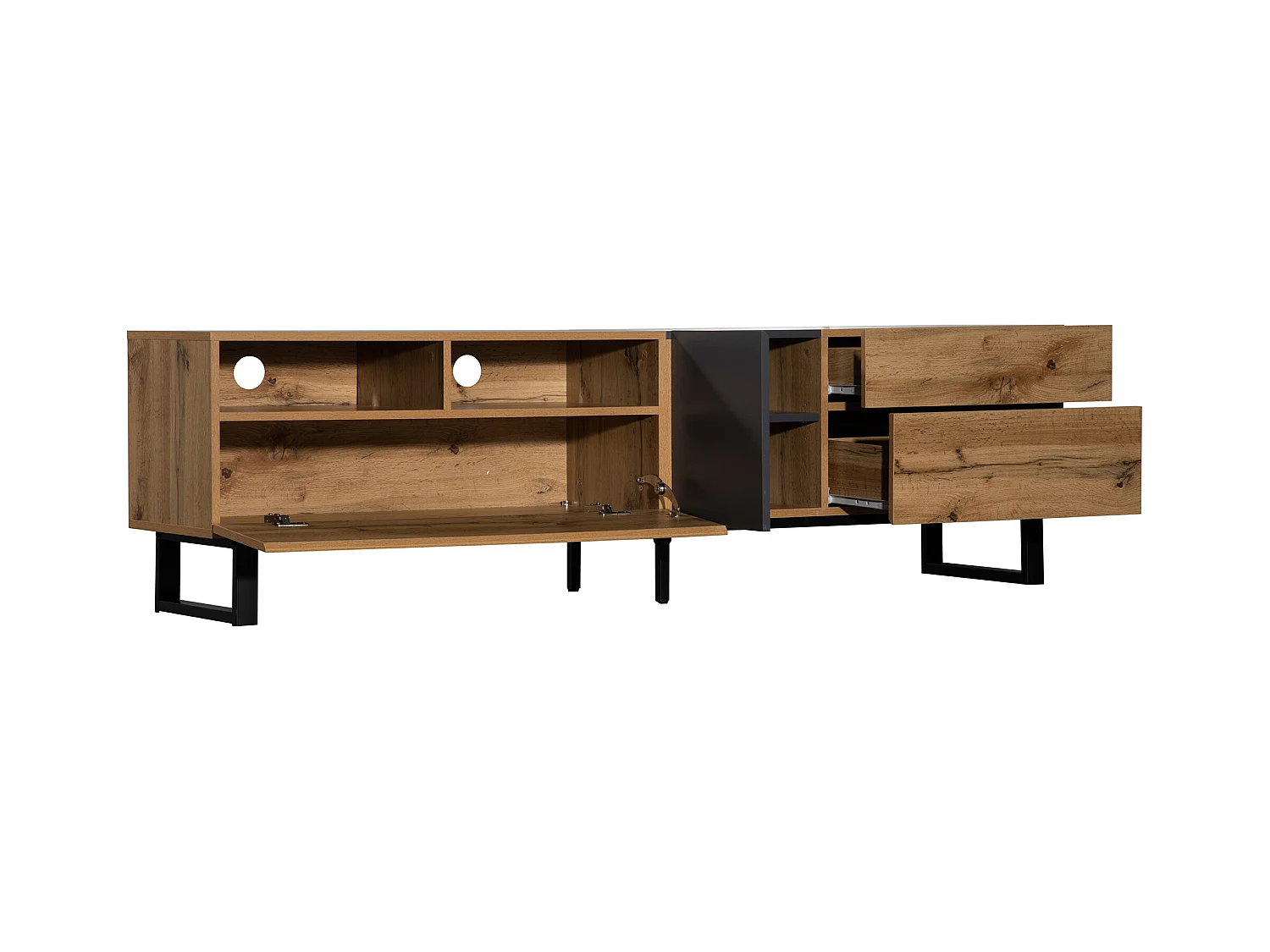 Meuble TV bas de style industriel rétro 180 cm, banc TV avec 2 portes et 2 tiroirs, noir+bois